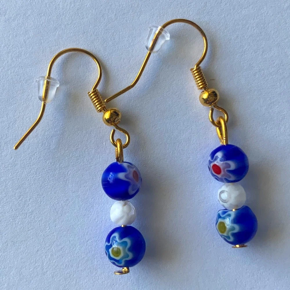 Glass Flower Millefiori Beads Blue & White Dangle/Drop Boho Handmade Earrings